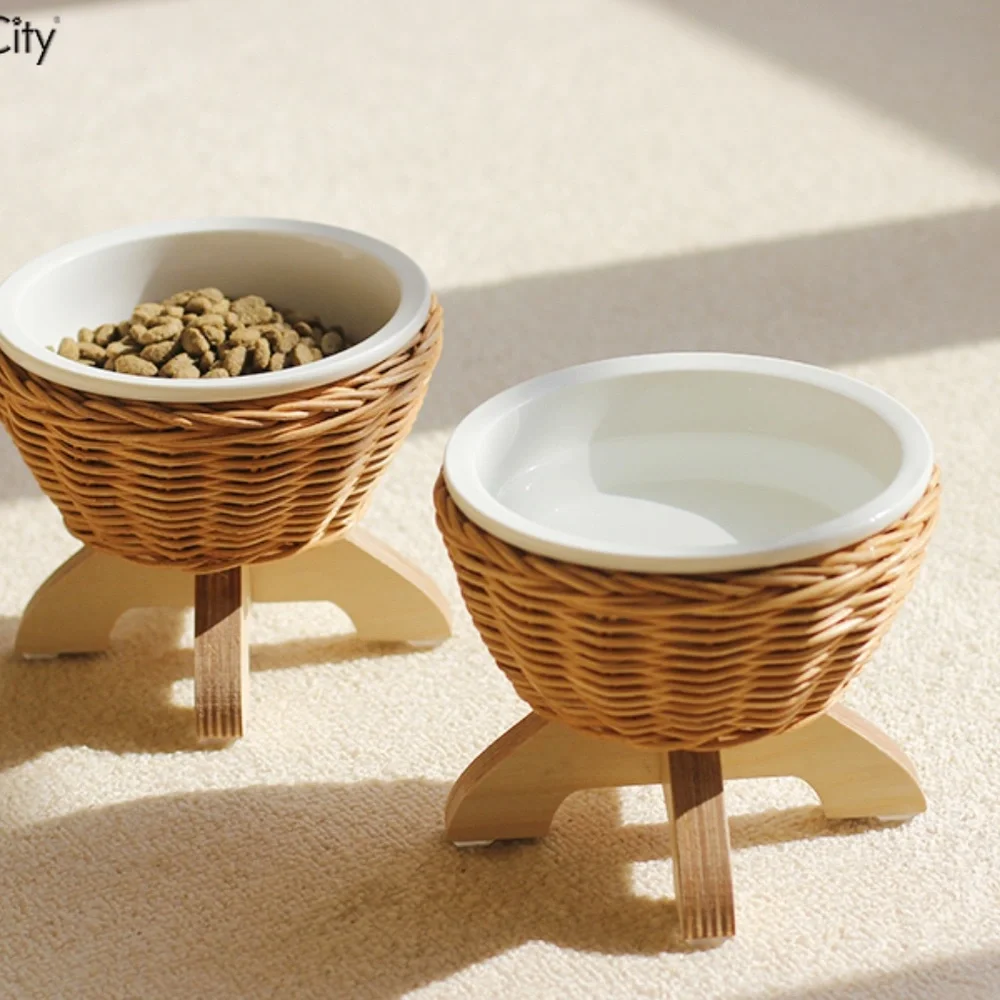 Handmade Rattan Cat And Dog Ceramic Bowl